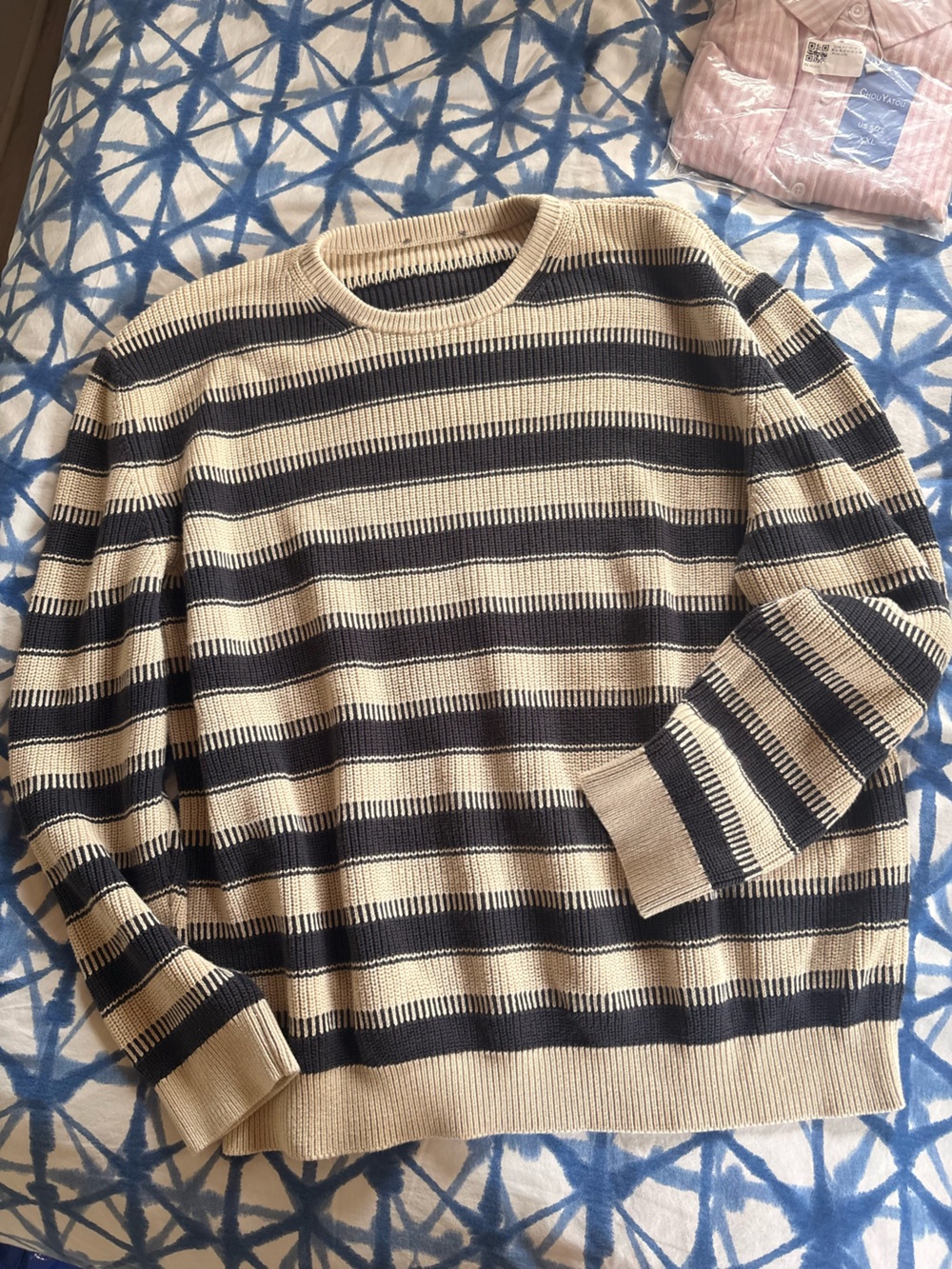 Striped Knit Sweater in navy and Cream 100% cotton